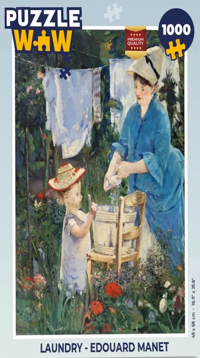 Impressionist painting of a woman and child doing laundry in a lush garden by Edouard Manet.