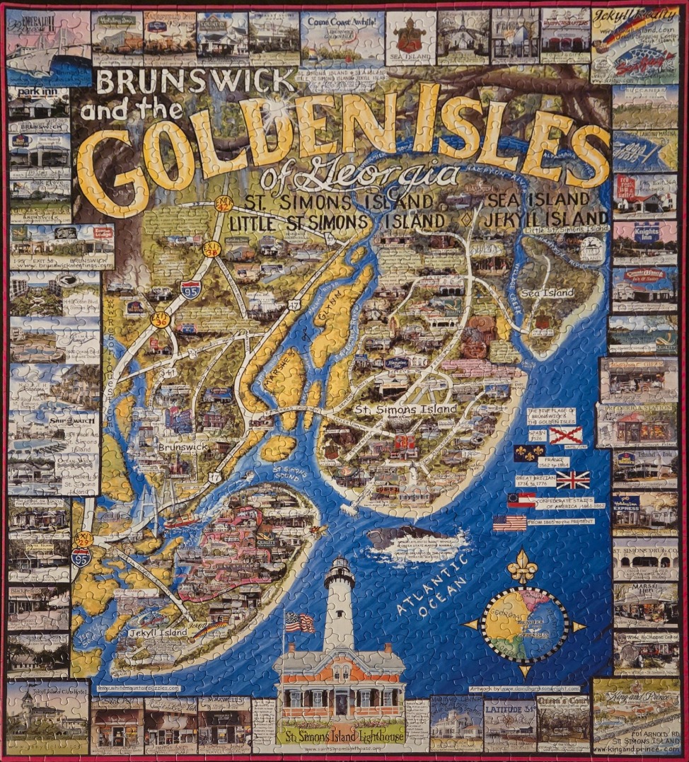 An illustrated map of Brunswick and the Golden Isles of Georgia, surrounded by small vignettes of local landmarks.