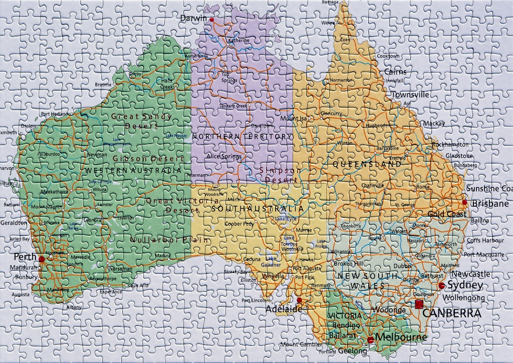 A detailed political and geographical road map of Australia against a white background.
