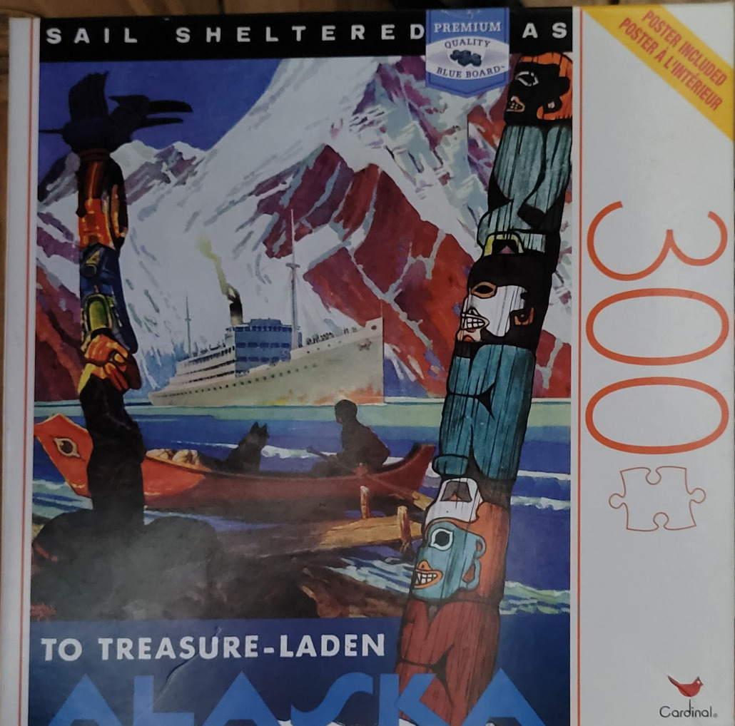 Vintage travel poster illustration of an Alaskan landscape with totem poles, a red canoe, and a large steamship.