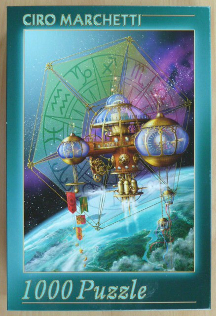 A steampunk-style orbital station floating above Earth with a giant zodiac wheel in the background.