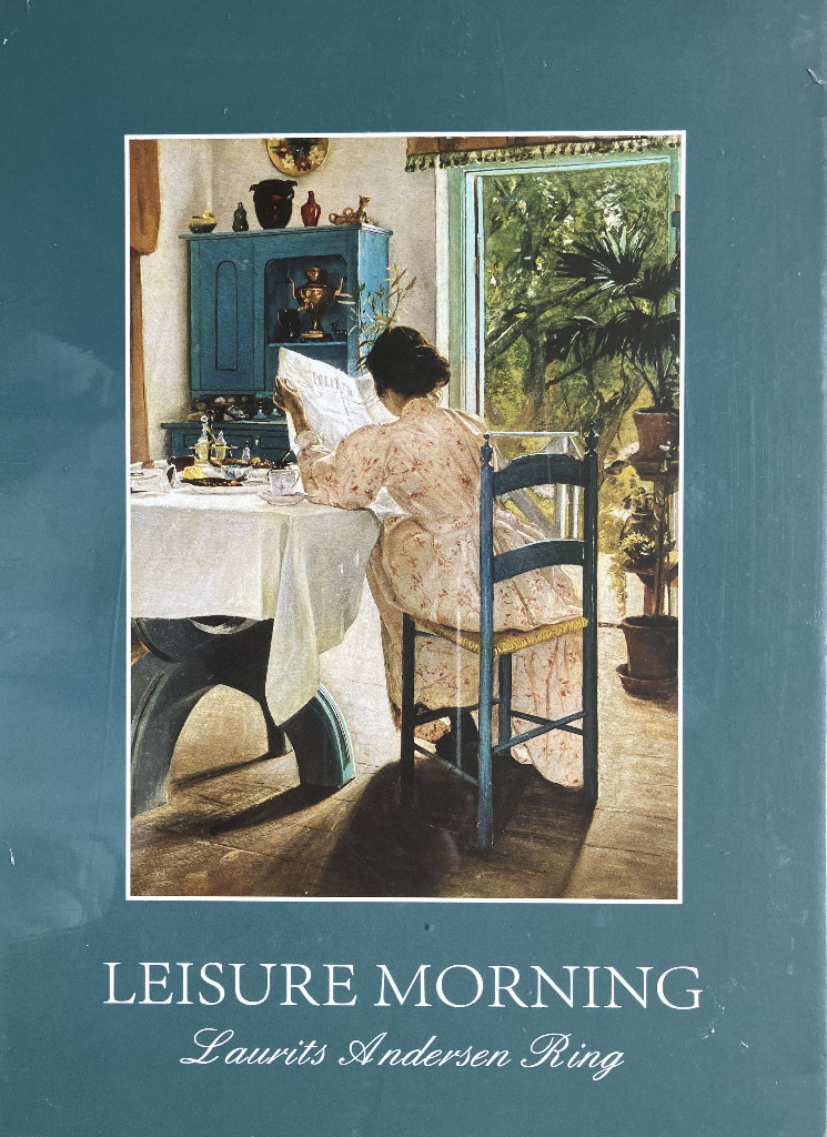 A painting of a woman sitting at a dining table reading a newspaper by an open doorway leading to a sunny garden.