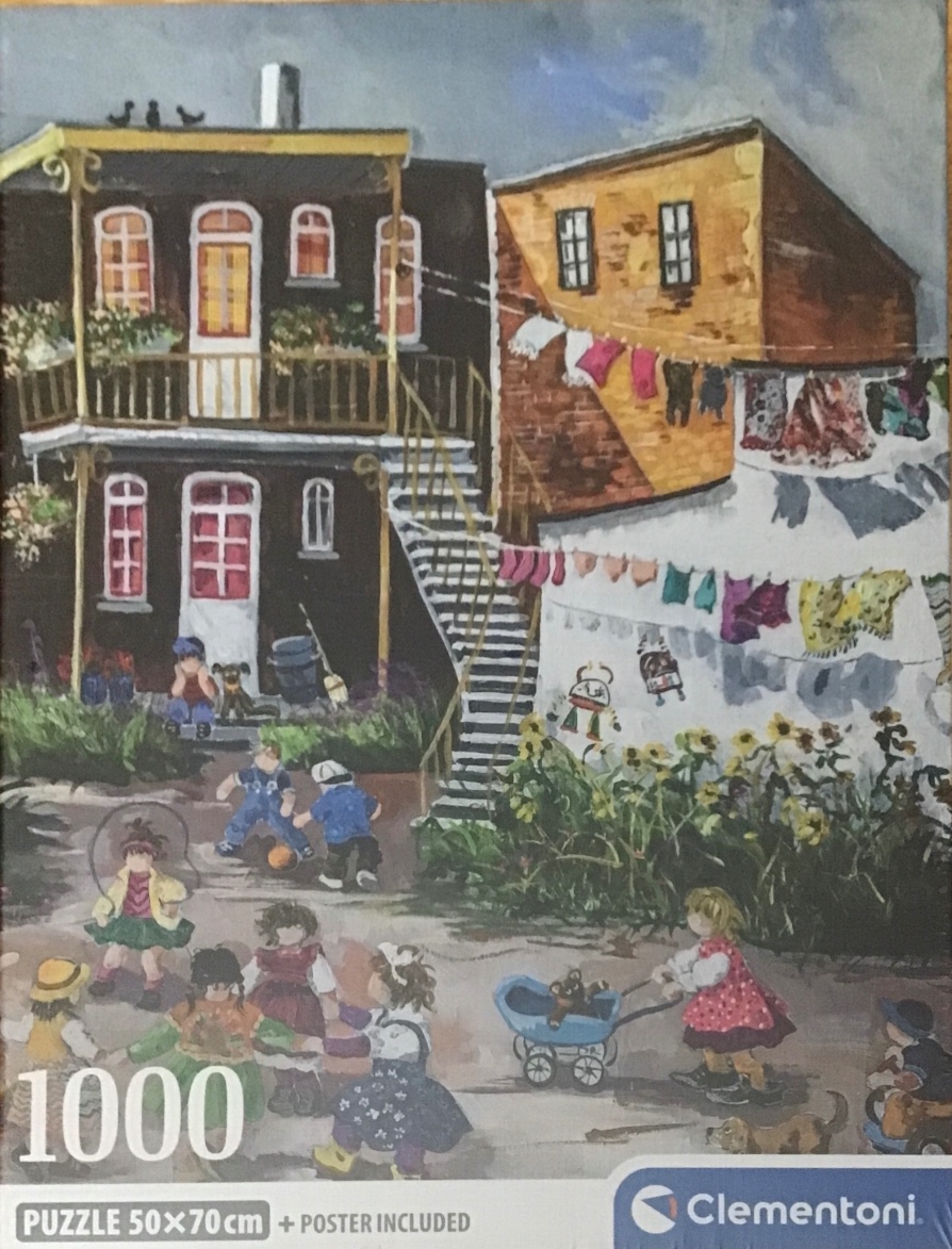 Painting of children playing in an urban courtyard with external staircases and laundry hanging on lines.
