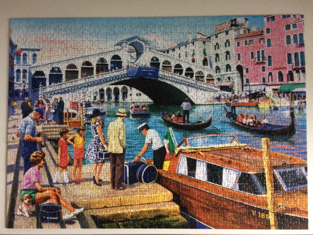 An illustration of the Rialto Bridge in Venice with tourists on a canal quay and boats on the water.