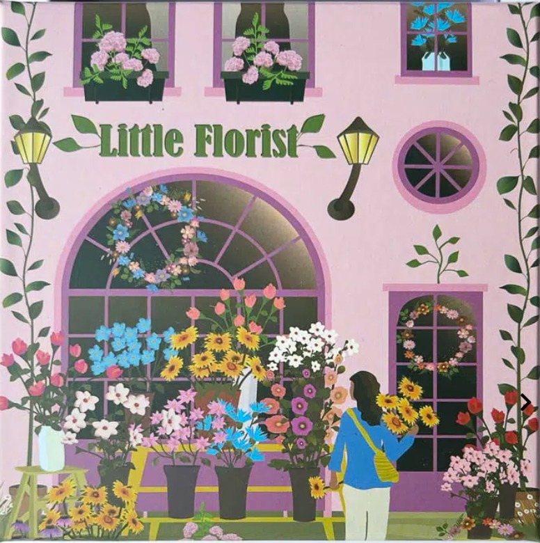Illustration of a pink Little Florist shop front with flowers and a woman carrying a bouquet.