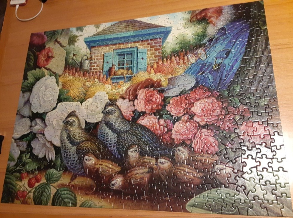 An illustration of an elderly gardener tending to roses with a family of quail in the foreground.