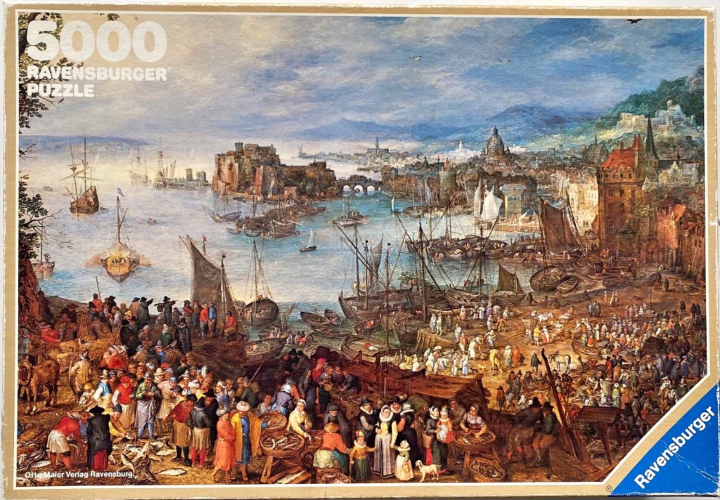 An oil painting of a bustling 17th-century harbor scene with a busy fish market in the foreground.