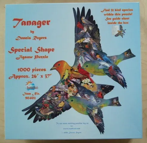 A collage of 31 bird species forming the shape of two large, flying tanagers against a light blue background.