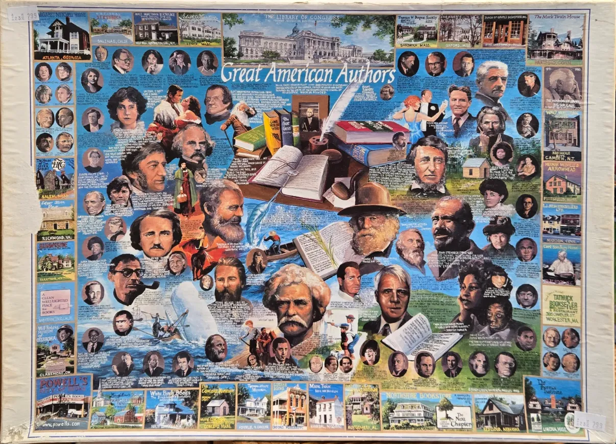 Collage of famous American authors, their homes, and literary themes in a classic illustration style.