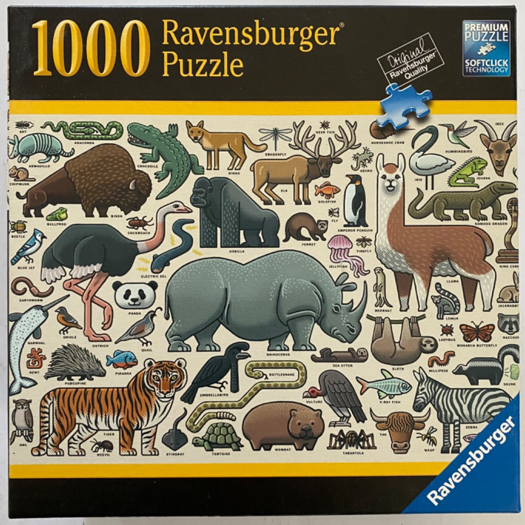 An illustrated collection of diverse animals on a light cream background, labeled with their names.