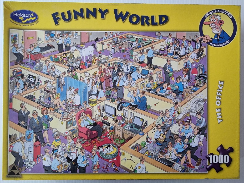 A busy cartoon office scene filled with humorous situations and exaggerated characters.