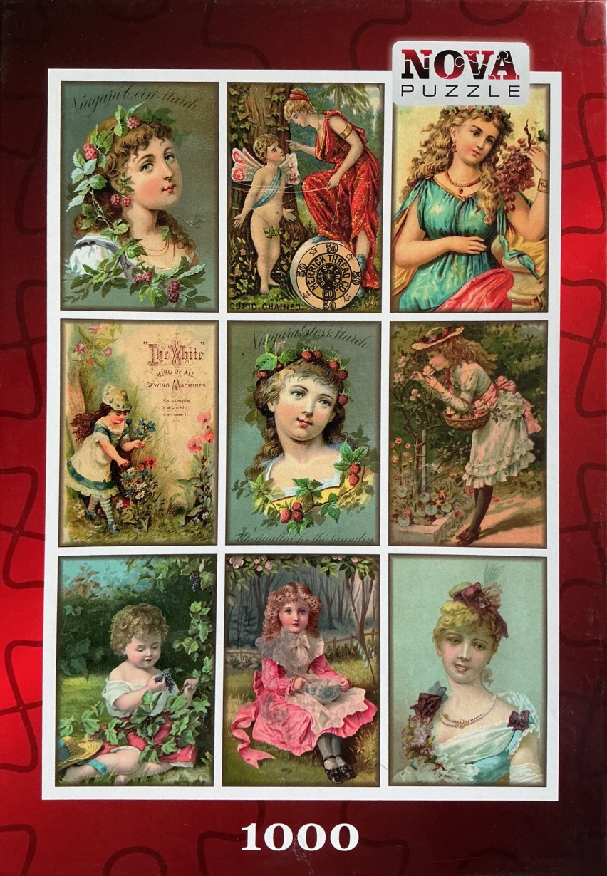 A collage of nine vintage Victorian-style advertising illustrations featuring women and children.