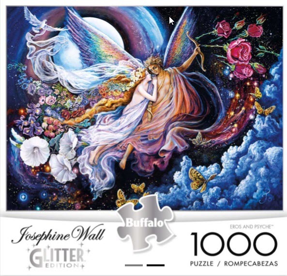 An ethereal painting of Eros and Psyche embracing against a celestial, star-filled backdrop with flowers and butterflies.