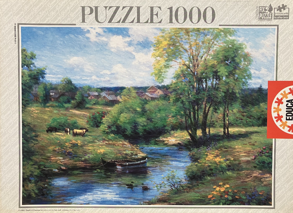 An oil painting of a peaceful rural landscape with a stream, grazing cows, and a distant village under a cloudy sky.
