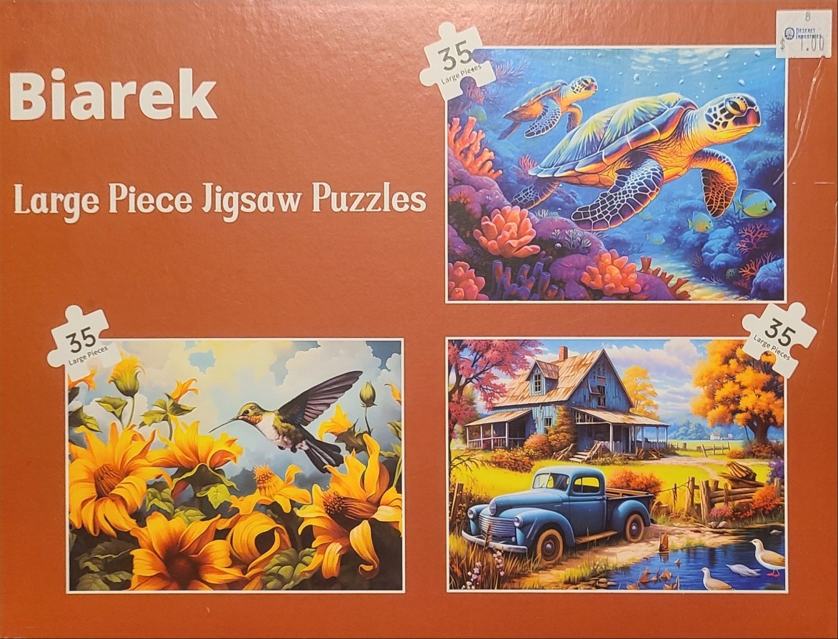 Three varied artistic scenes featuring sea turtles, a hummingbird in flowers, and a rural farmhouse with a vintage truck.