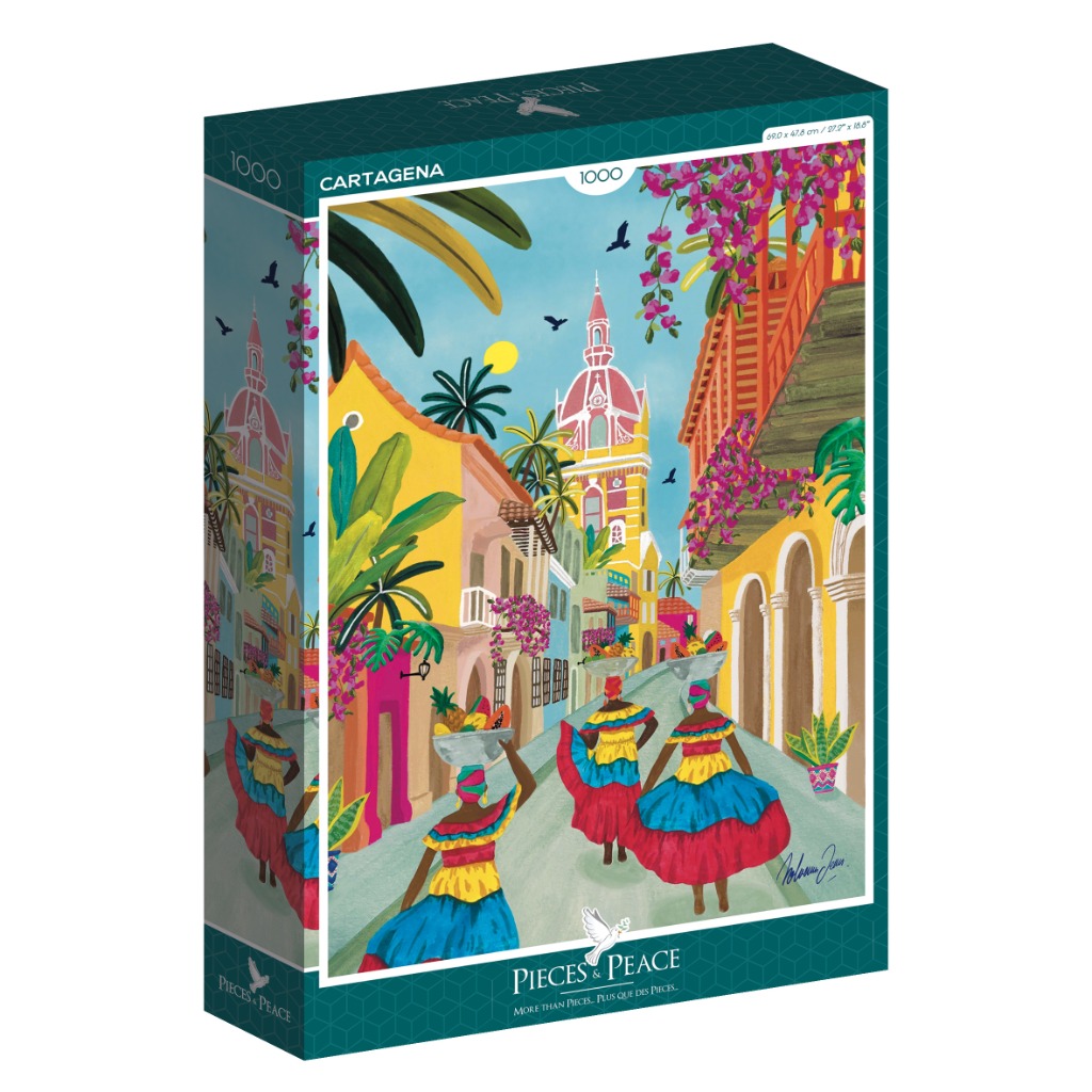 A painterly illustration of a colorful street in Cartagena with women carrying fruit baskets on their heads.