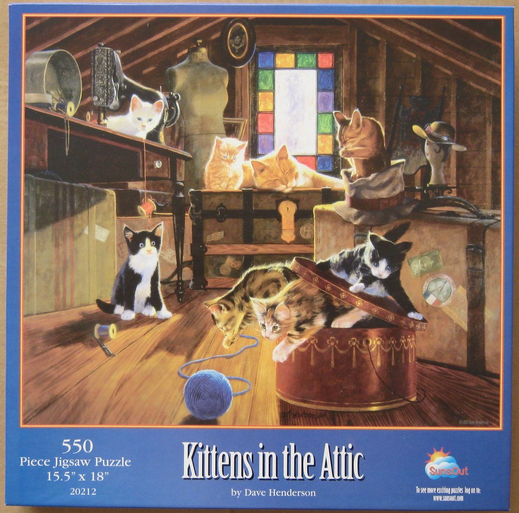 Several kittens playing and resting in a dimly lit, cozy attic filled with vintage items and colorful stained glass.