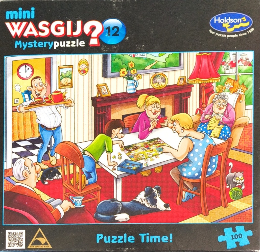Cartoon illustration of a busy family living room with people working on a jigsaw puzzle.