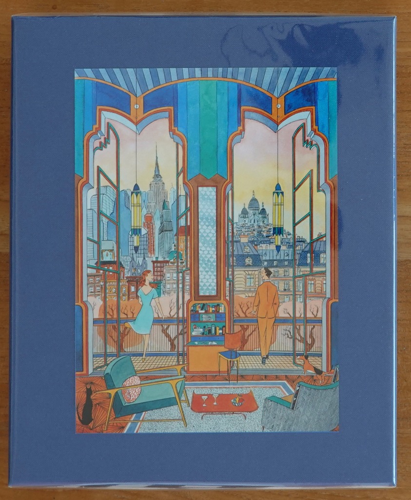 Art deco illustration of a man and woman in a balcony apartment overlooking a dual cityscape of New York and Paris.