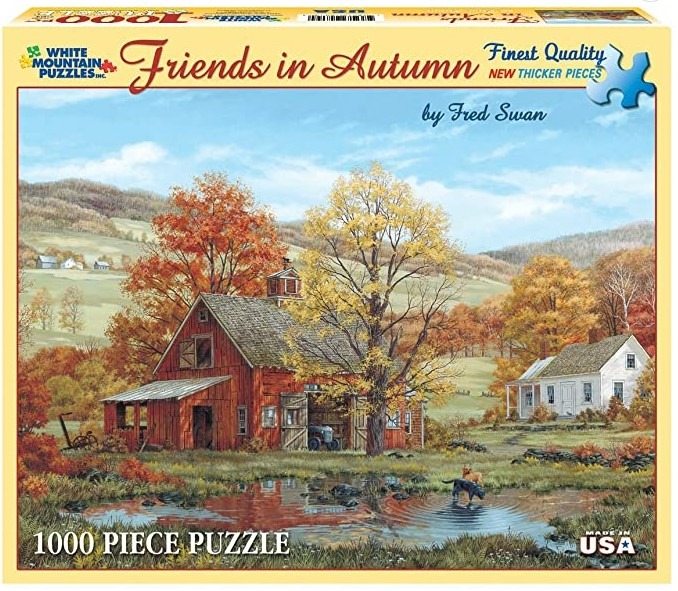 An autumn landscape featuring a rustic red barn, a white farmhouse, and two dogs standing by a pond.