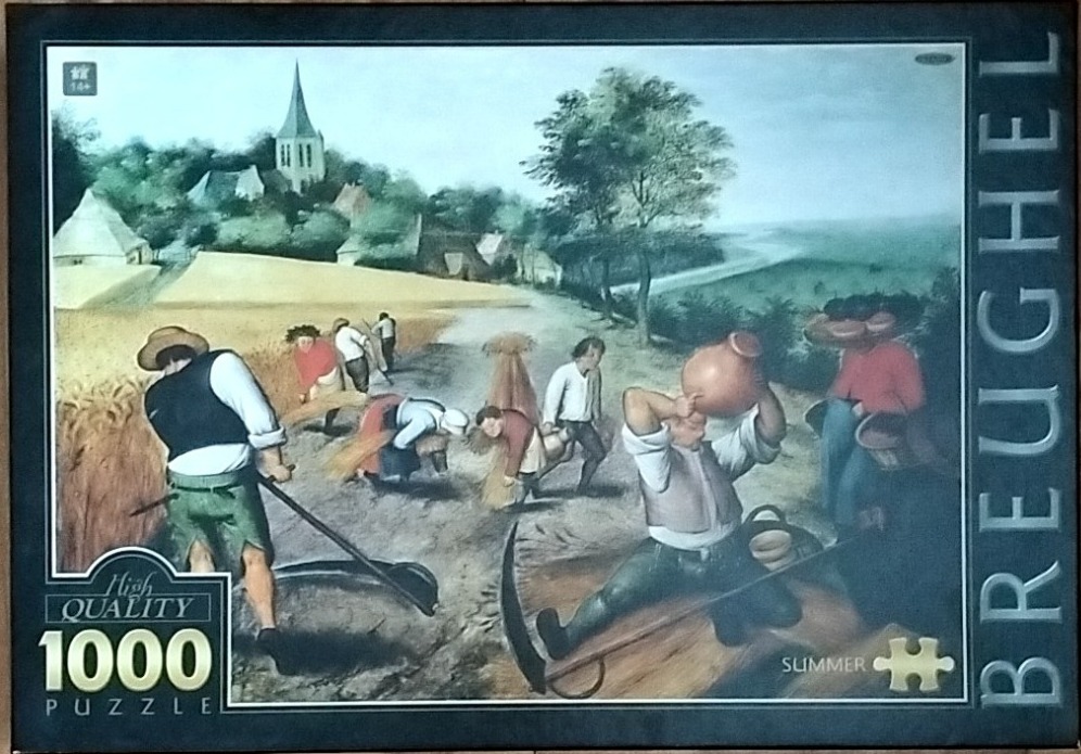 An oil painting of 16th-century peasants harvesting wheat in a rural landscape.