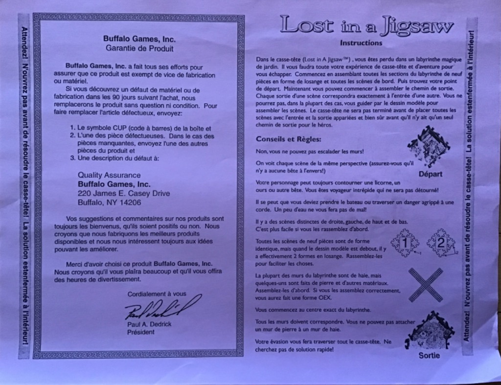 Lost in a Jigsaw puzzle instructions with a maze and unicorn imagery.