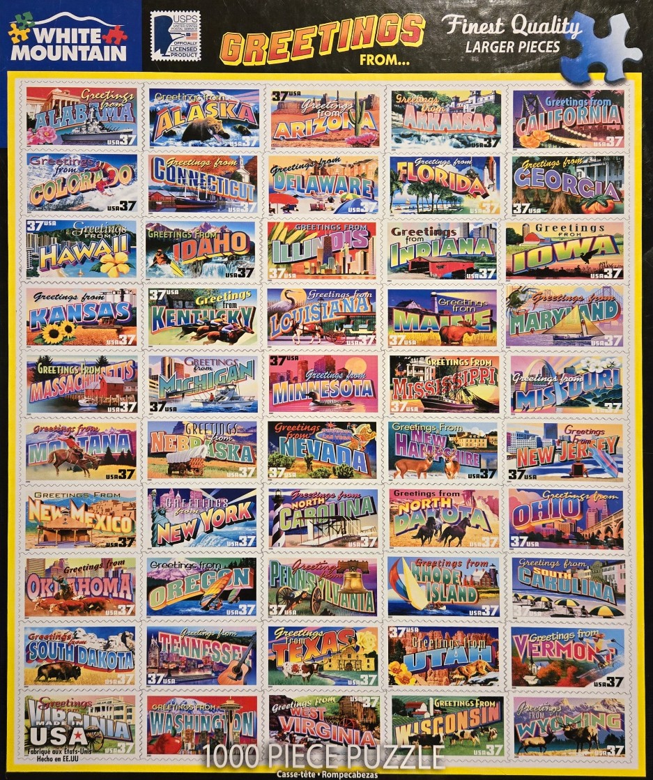 A collage of 50 vintage-style postage stamps, each featuring a unique illustration representing a US state.