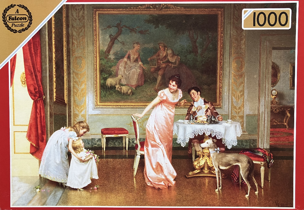 An elegant oil painting of a 19th-century domestic scene with a family and greyhound in a formal parlor.
