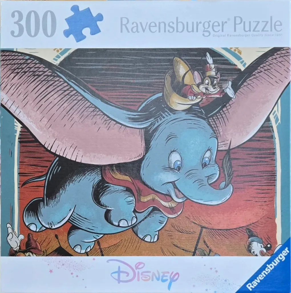 Dumbo the flying elephant with Timothy Mouse on his back, illustrated in a vintage storybook style.