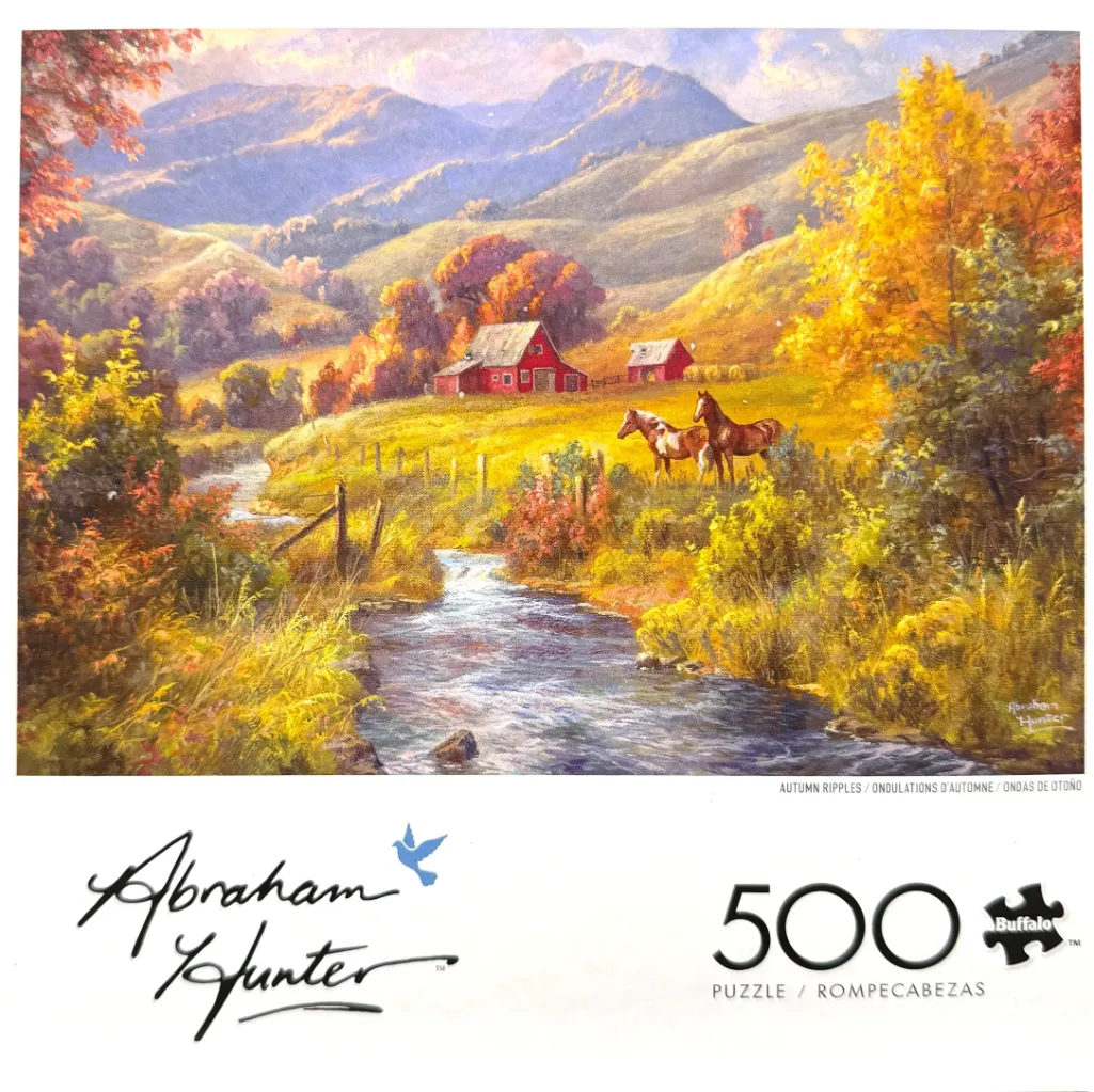 An oil painting of two horses standing in a lush, golden autumn pasture near a stream and a pair of red barns.