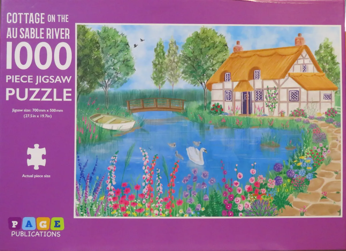 A peaceful painting of a thatched-roof cottage by a river with swans, flowers, and a wooden bridge.