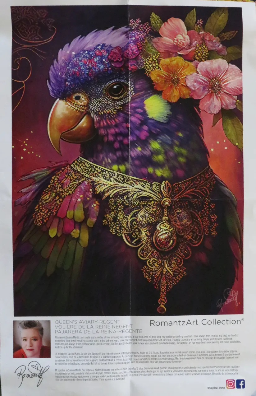 An ornate, regal parrot adorned with a vibrant floral headdress and intricate gold jewelry.