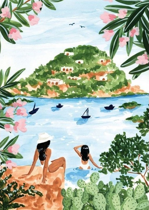 Two women enjoying a sunny Mediterranean cove with boats, pink flowers, and a lush green hillside.