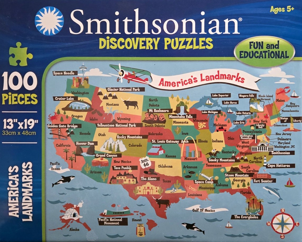 Illustrated map of the United States featuring famous landmarks and icons for each region.