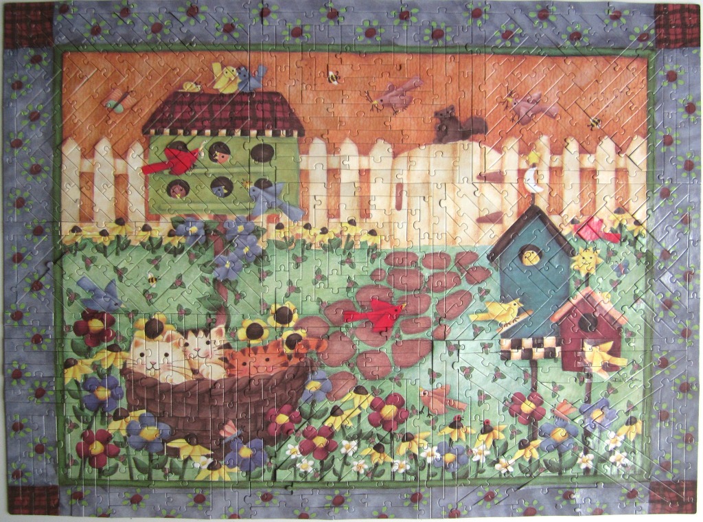 Whimsical illustration of birdhouses, cats in a basket, and flowers in a garden setting.