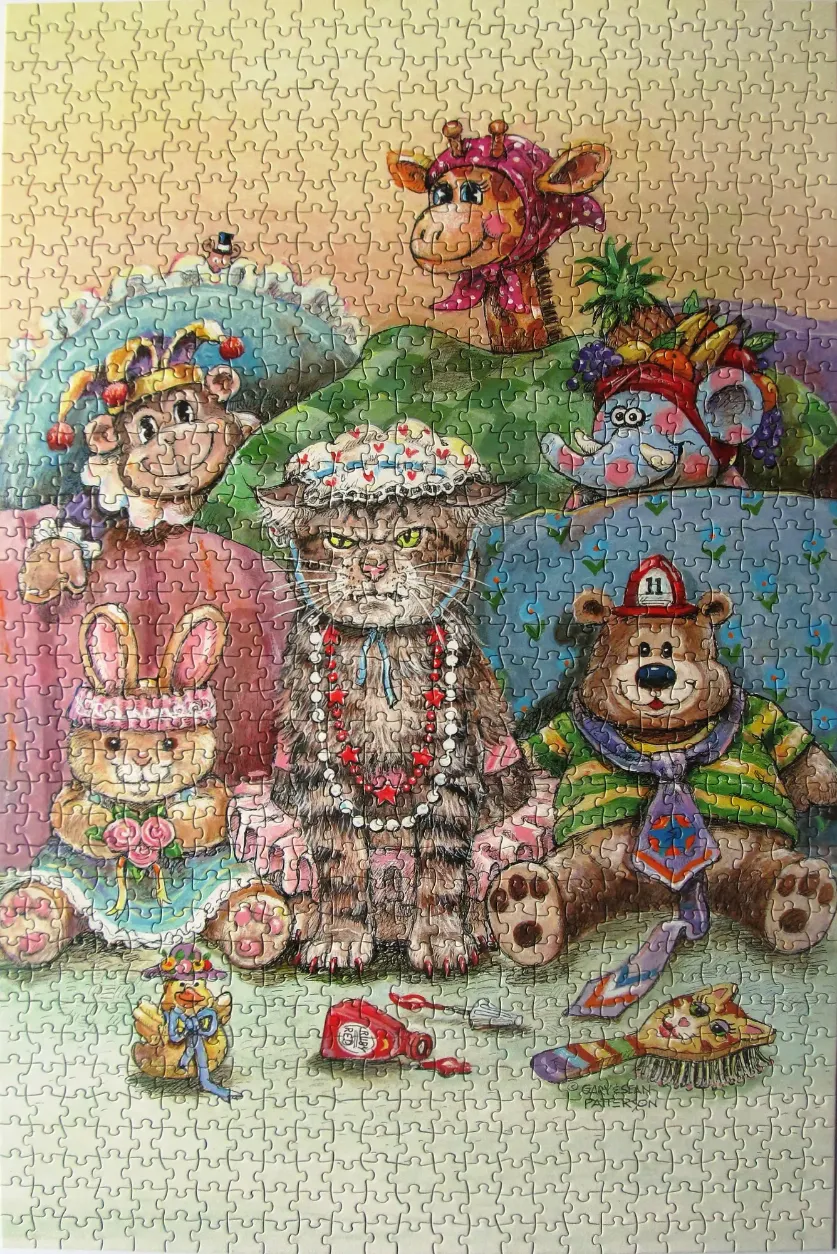 A whimsical illustration of a grumpy cat dressed up in pearls and a bonnet, surrounded by playful animal friends.