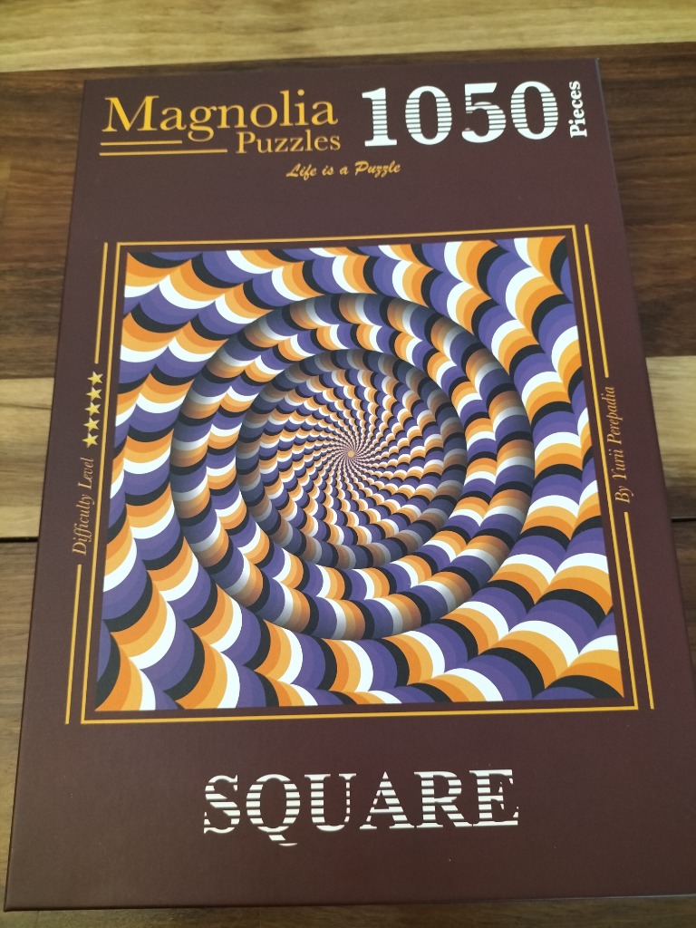 Abstract op-art pattern featuring a purple, orange, and white swirling vortex creating a 3D illusion.