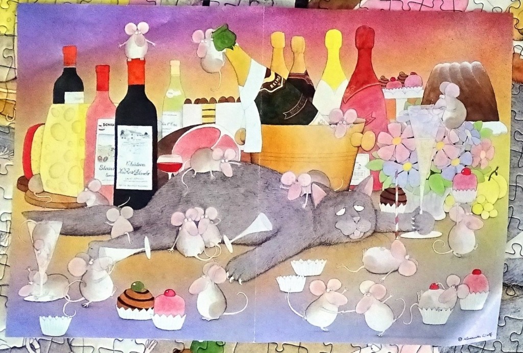 A whimsical illustration of a gray cat surrounded by many tiny, party-loving mice amidst a spread of food and wine.
