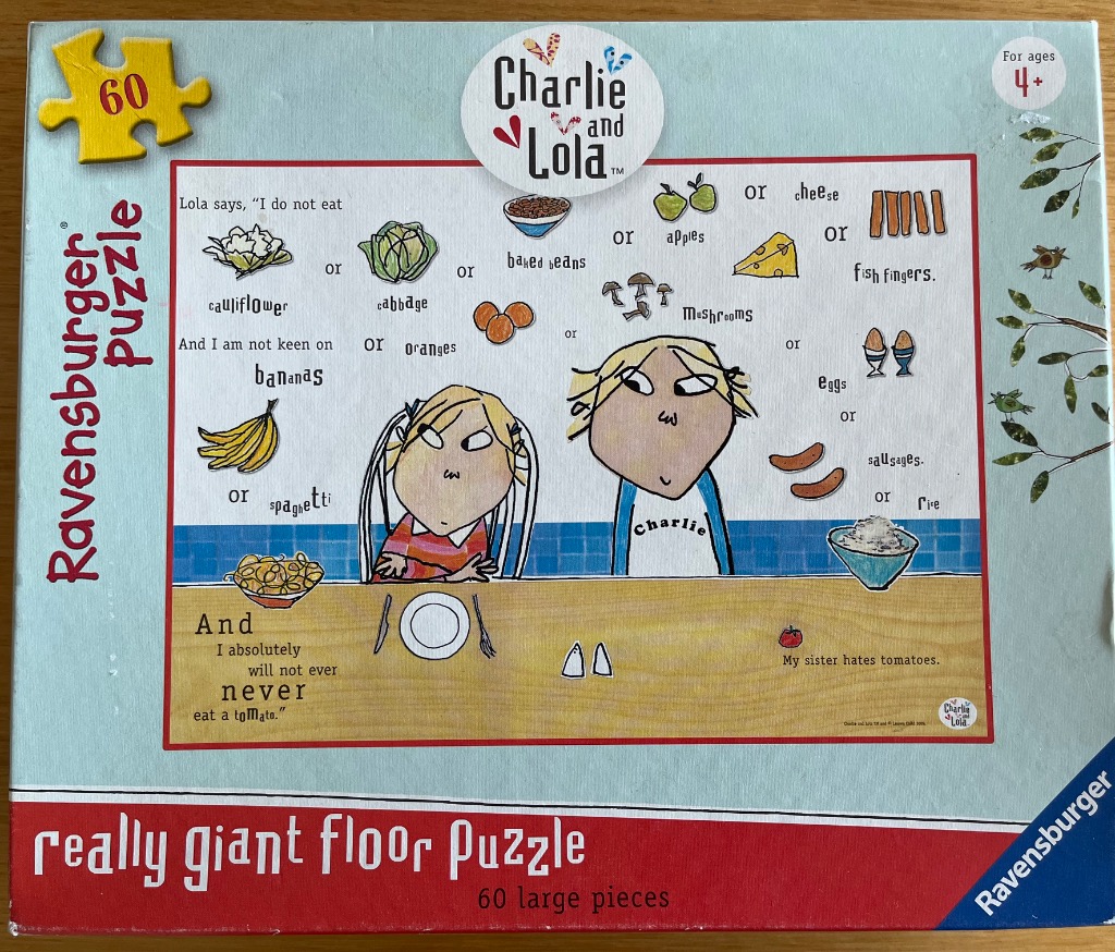 Illustration of the characters Charlie and Lola at a dinner table surrounded by various foods with text.