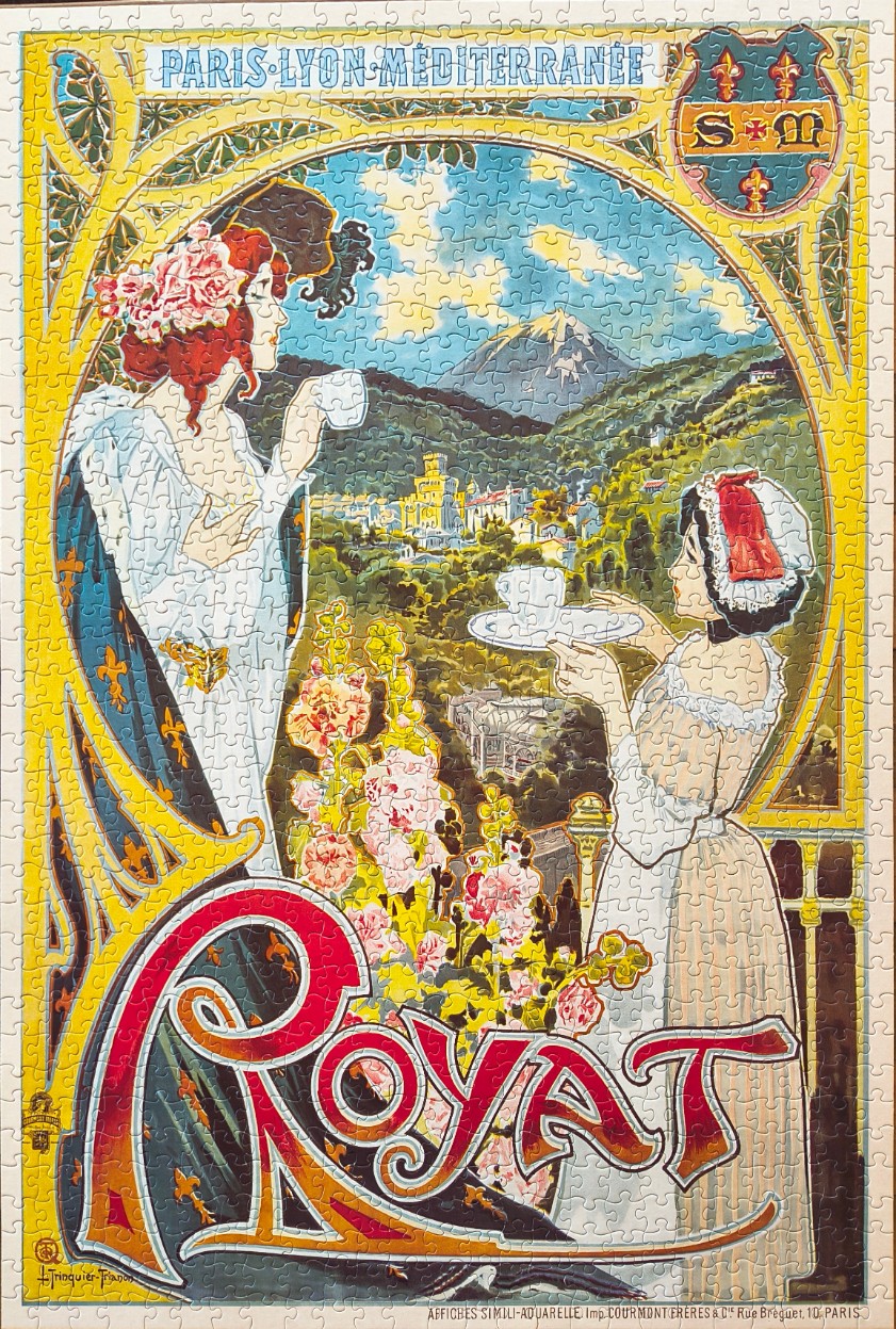 Art Nouveau travel poster for Royat featuring two women on a balcony overlooking a French spa town.