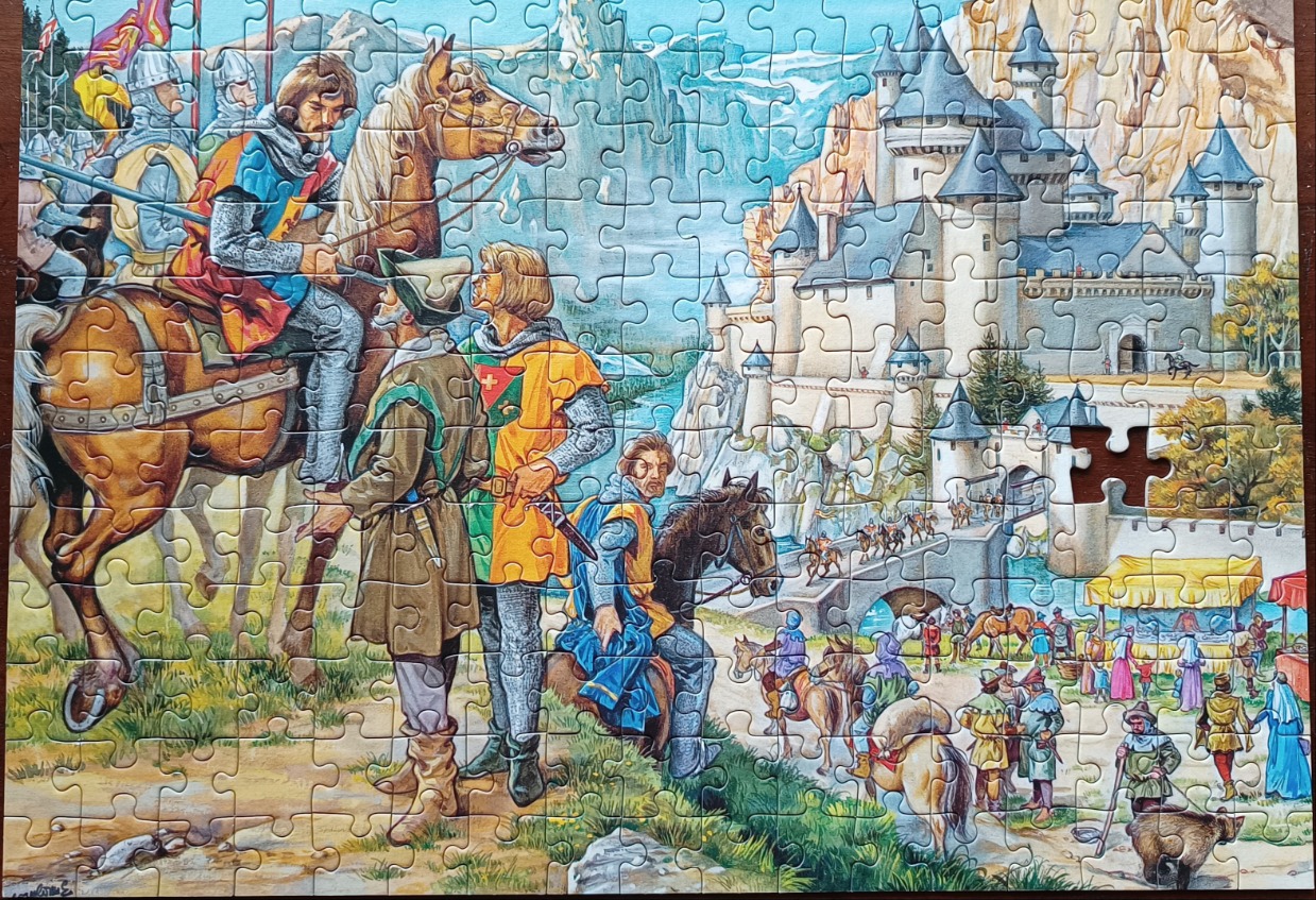 A medieval fantasy illustration featuring knights, a large stone castle, and a bustling market scene.