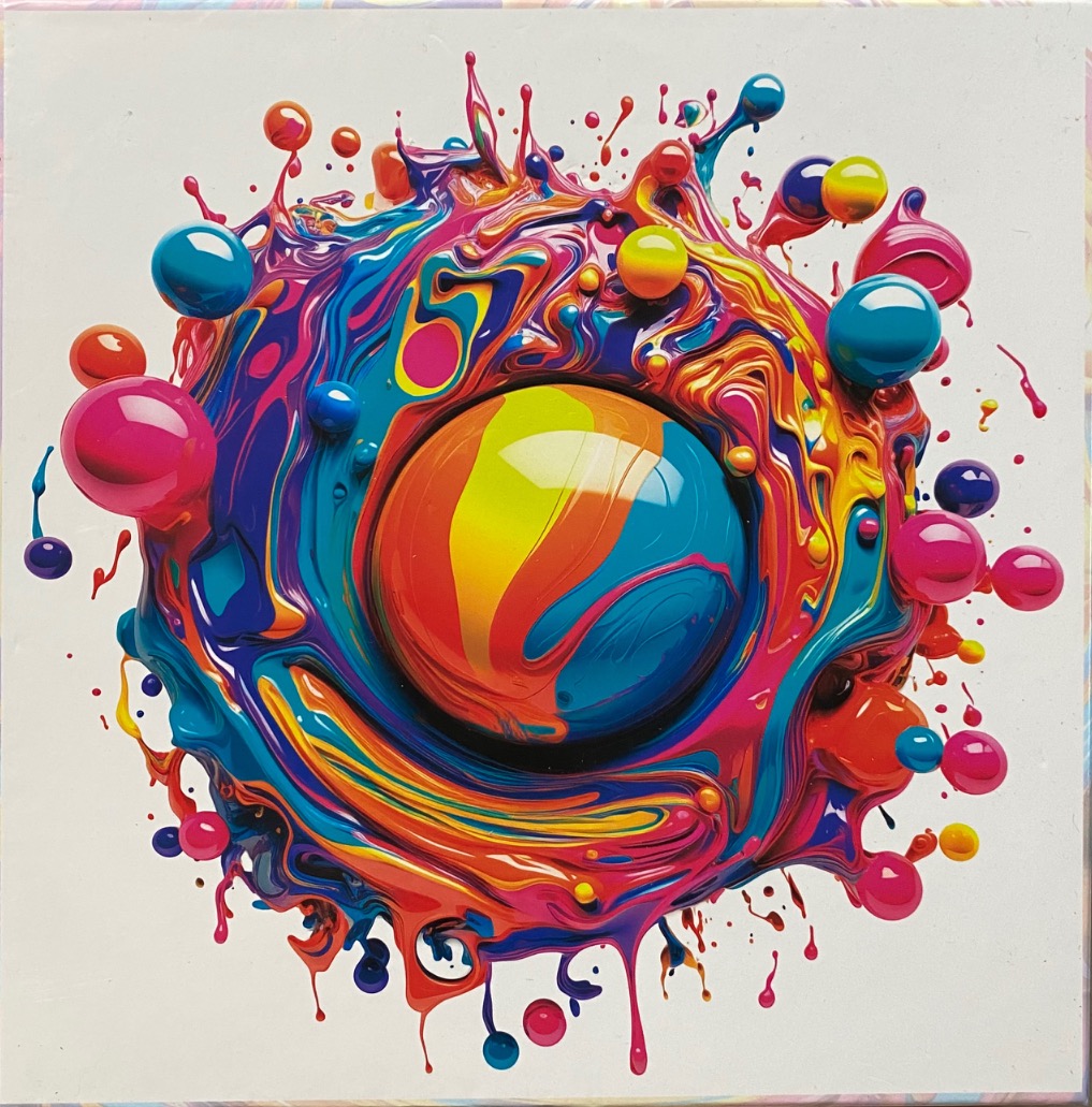 An abstract digital artwork of a glossy, multi-colored paint sphere exploding against a plain white background.