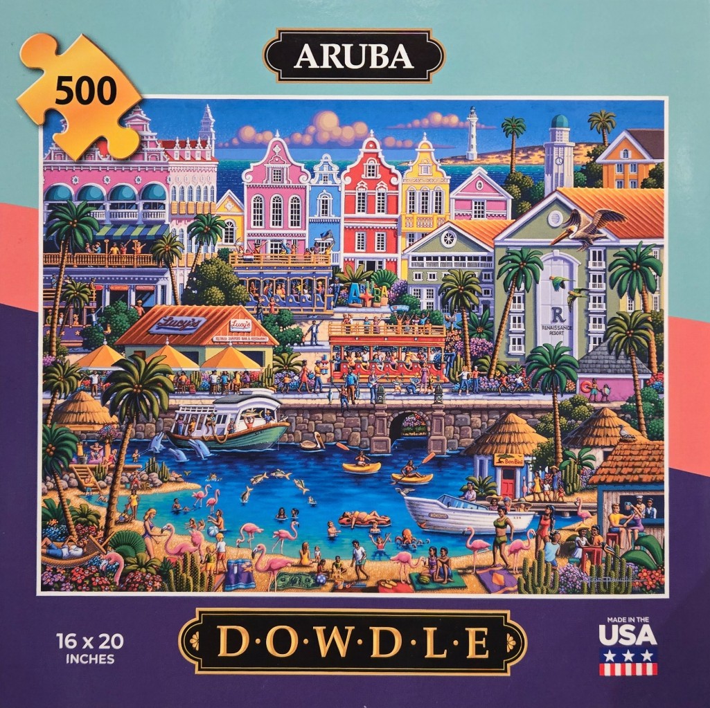 A colorful, detailed folk-art style illustration of a vibrant waterfront in Aruba.
