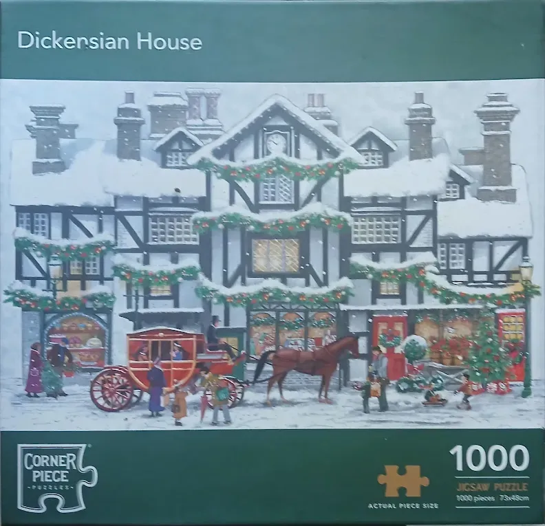 Illustration of a snowy Tudor-style building with a horse-drawn carriage in front during winter.
