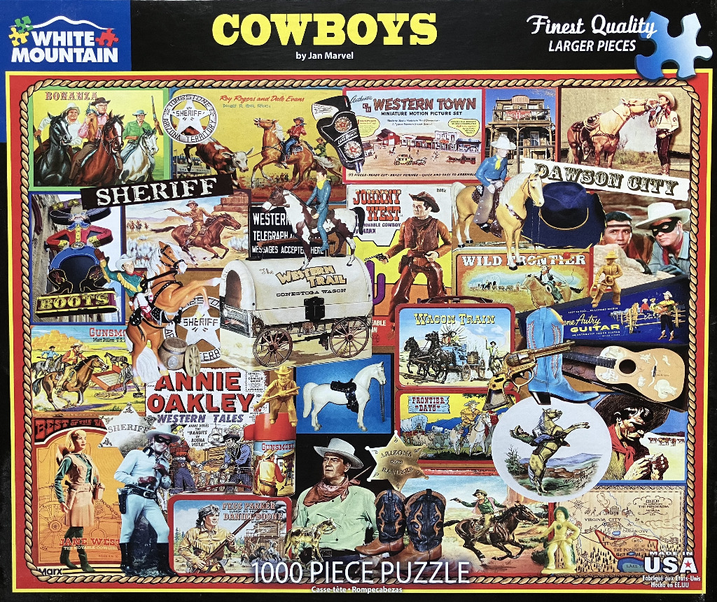 A collage of vintage Wild West imagery, toy cowboys, horses, and memorabilia.