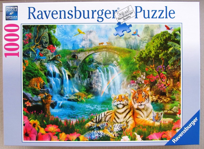 A lush tropical jungle scene featuring tigers near a waterfall, an ancient stone bridge, and vibrant flowers.