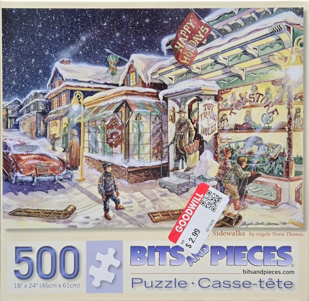 A nostalgic painting of children looking into a toy store window on a snowy winter evening.