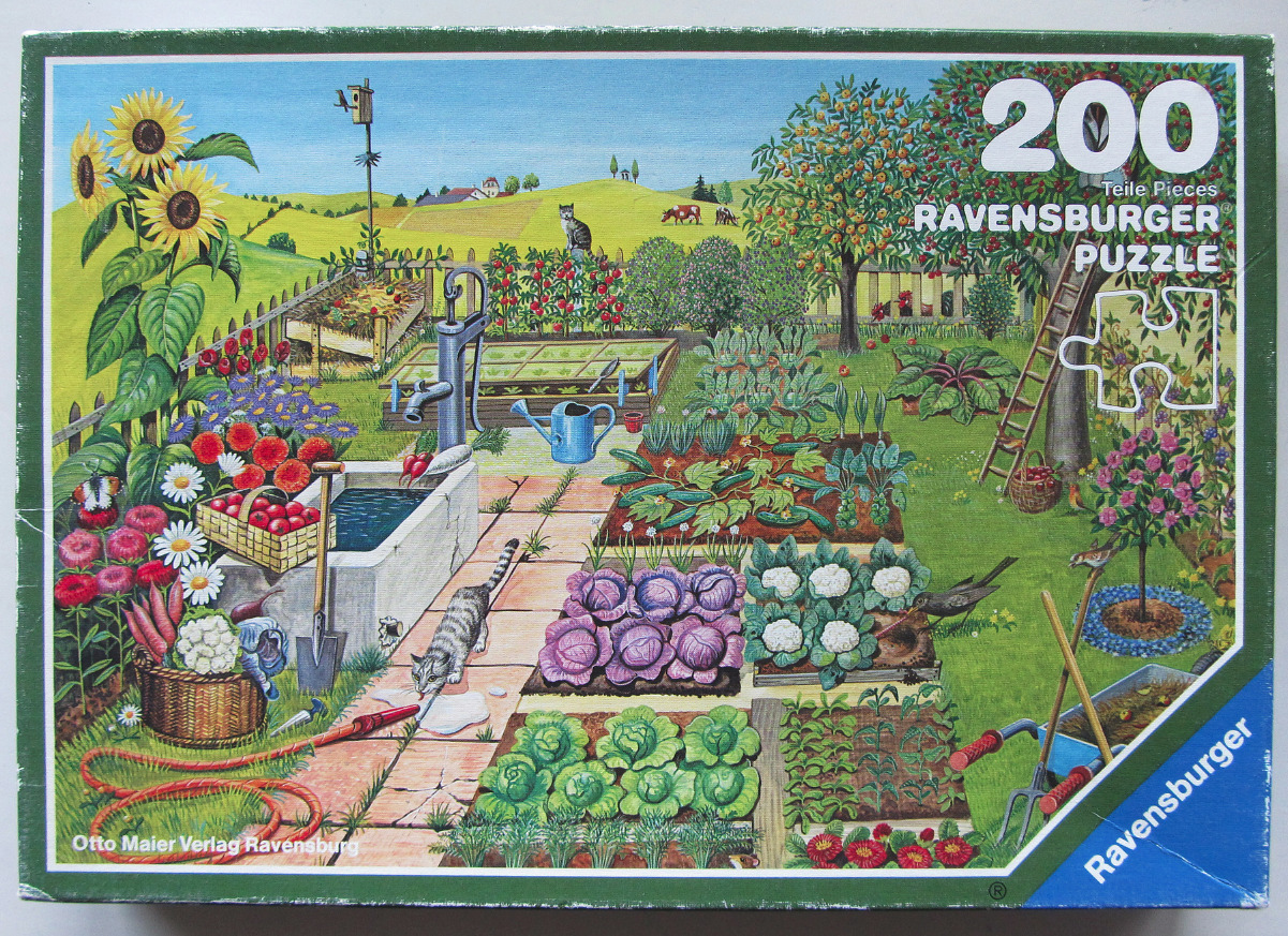 An illustration of a vibrant, sunny vegetable garden with sunflowers, various crops, and two cats.