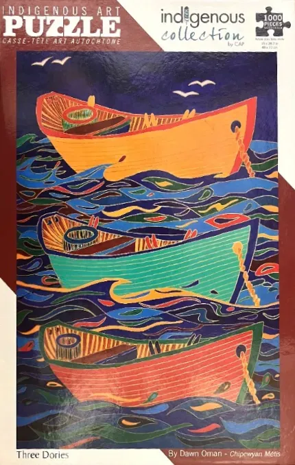 An illustration of three brightly colored dory boats bobbing in dark blue water.