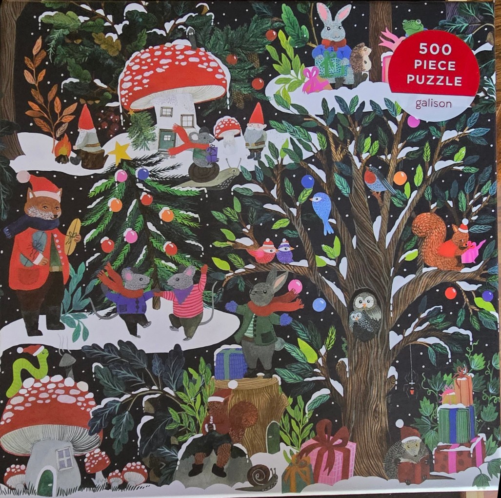 Whimsical illustration of forest animals and gnomes celebrating in a snowy, magical winter forest at night.